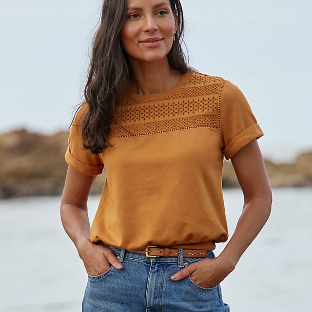 new~ Eyelet French Terry Tee in Turmeric size XS by Garnet Hill